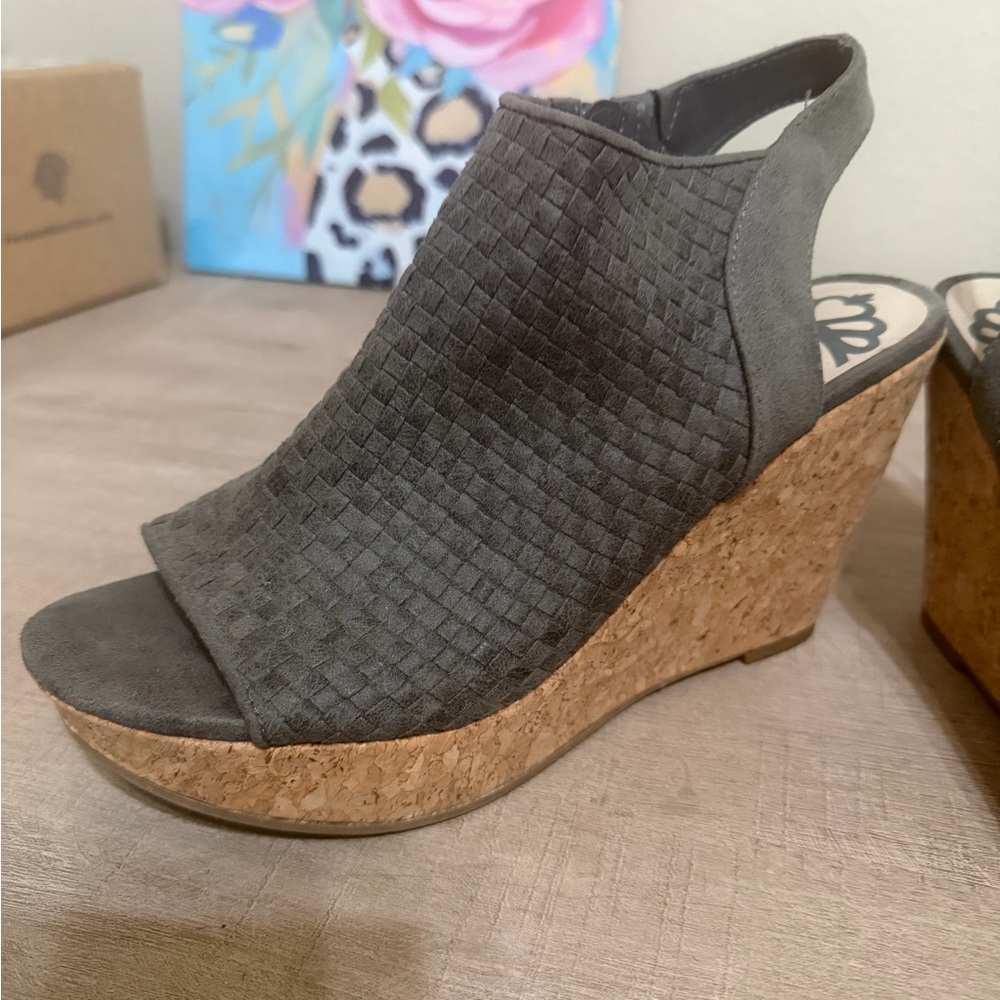 Fergalicious Gray Woven Cork Wedge Sandals